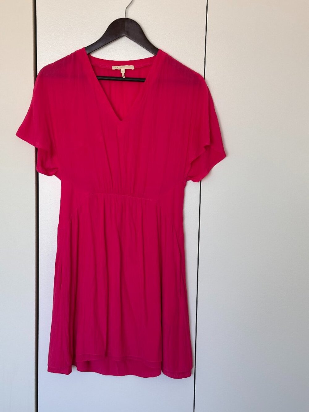 Maje Fuchsia Pink V-Neck Mini Dress Silky Jersey - Size 1 (US Size 0-2)